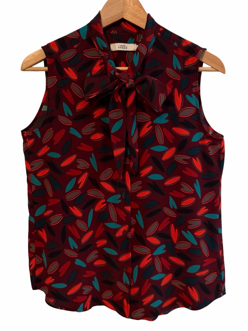0039 Italy Top Womens XS Burgandy Teal Silk Leaf Print Sleeveless Tie Neck Luxe